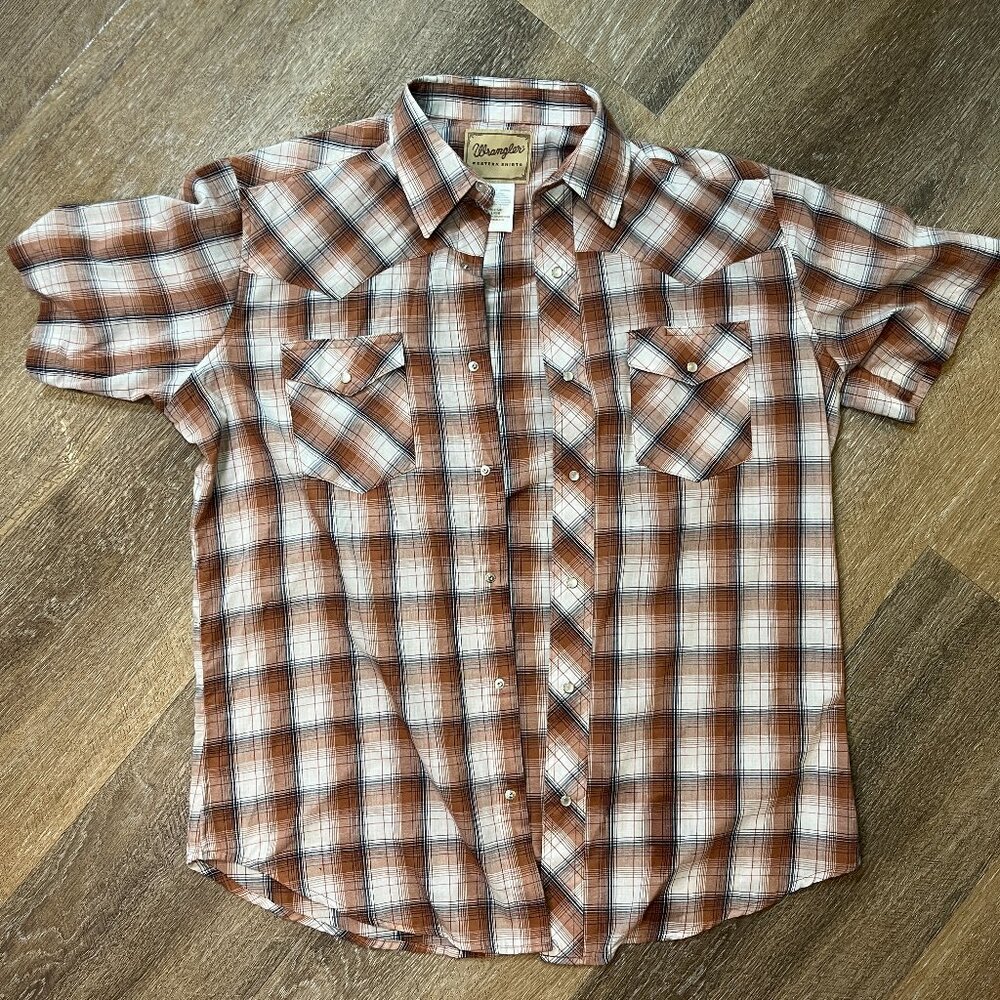 Wrangler Western Brown Plaid Short Sleeve Shirt - Pearl Snap - Men's Large - Picture 2 of 9